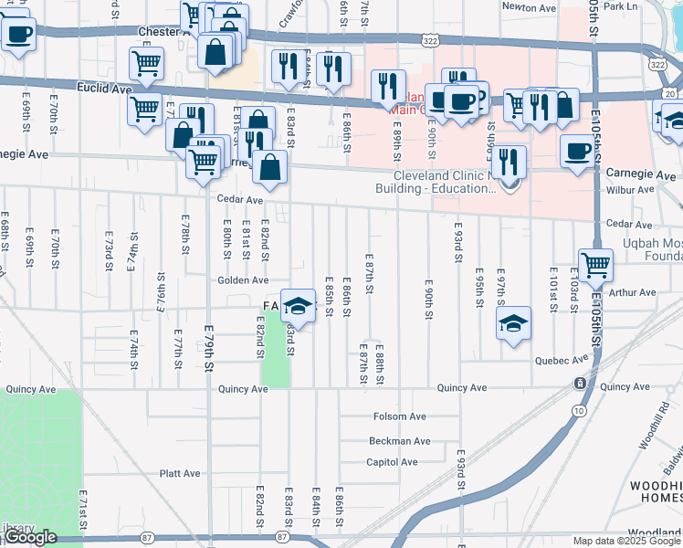 map of restaurants, bars, coffee shops, grocery stores, and more near 2232 East 86th Street in Cleveland