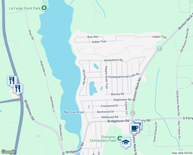 map of restaurants, bars, coffee shops, grocery stores, and more near 99 Pettaquamscutt Lake Road in Narragansett
