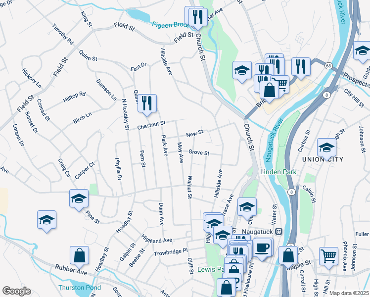 map of restaurants, bars, coffee shops, grocery stores, and more near 85 Grove Street in Naugatuck