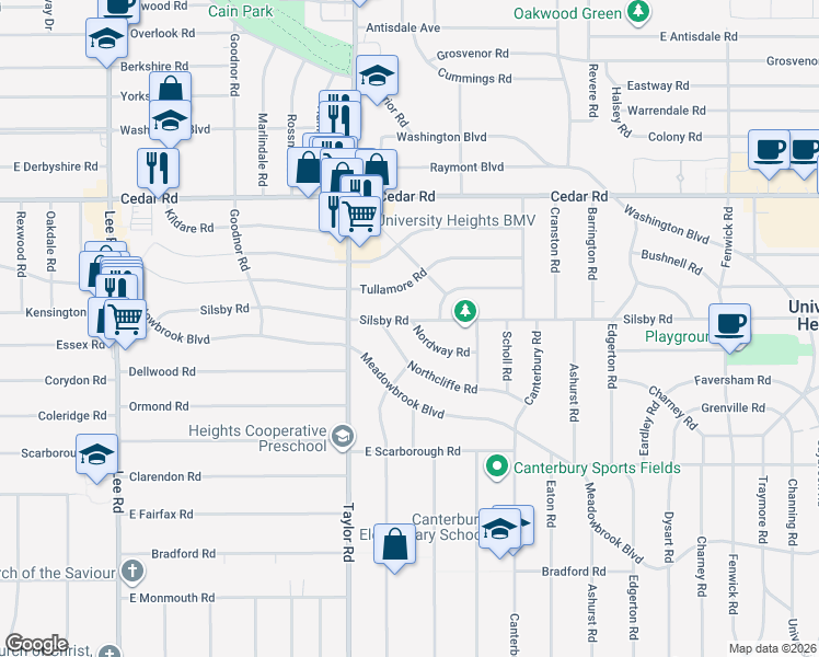 map of restaurants, bars, coffee shops, grocery stores, and more near 3492 Nordway Road in Cleveland Heights