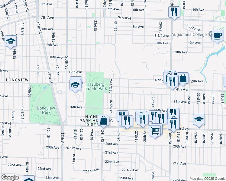 map of restaurants, bars, coffee shops, grocery stores, and more near 1425 24 1/2 Street in Rock Island