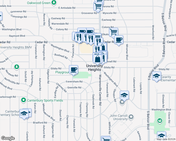 map of restaurants, bars, coffee shops, grocery stores, and more near 3934 Silsby Road in University Heights