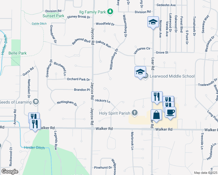 map of restaurants, bars, coffee shops, grocery stores, and more near 379 Sycamore Circle in Avon Lake