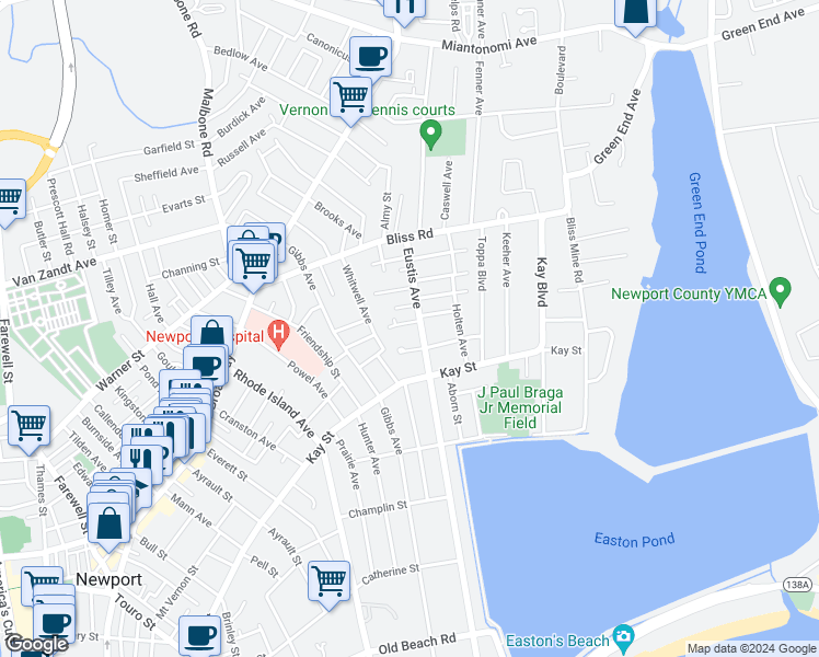 map of restaurants, bars, coffee shops, grocery stores, and more near 6 Taber Street in Newport