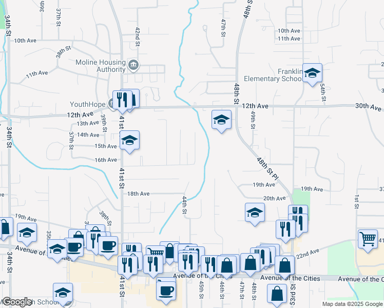 map of restaurants, bars, coffee shops, grocery stores, and more near 1521 45th Street in Moline