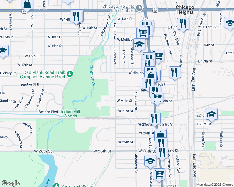 map of restaurants, bars, coffee shops, grocery stores, and more near 106 19th Street in Chicago Heights