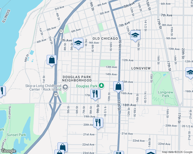 map of restaurants, bars, coffee shops, grocery stores, and more near 1414 9th Street in Rock Island