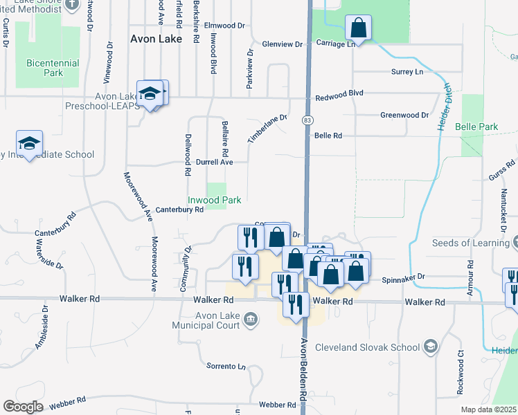 map of restaurants, bars, coffee shops, grocery stores, and more near 375 Timberlane Dr in Avon Lake