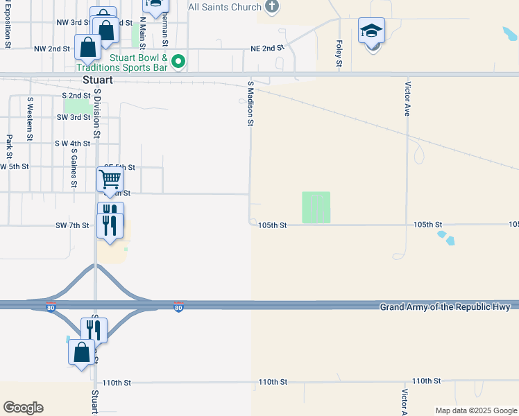 map of restaurants, bars, coffee shops, grocery stores, and more near 3057 105th Street in Stuart