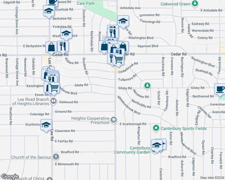 map of restaurants, bars, coffee shops, grocery stores, and more near 2284 S Taylor Rd in Cleveland Heights