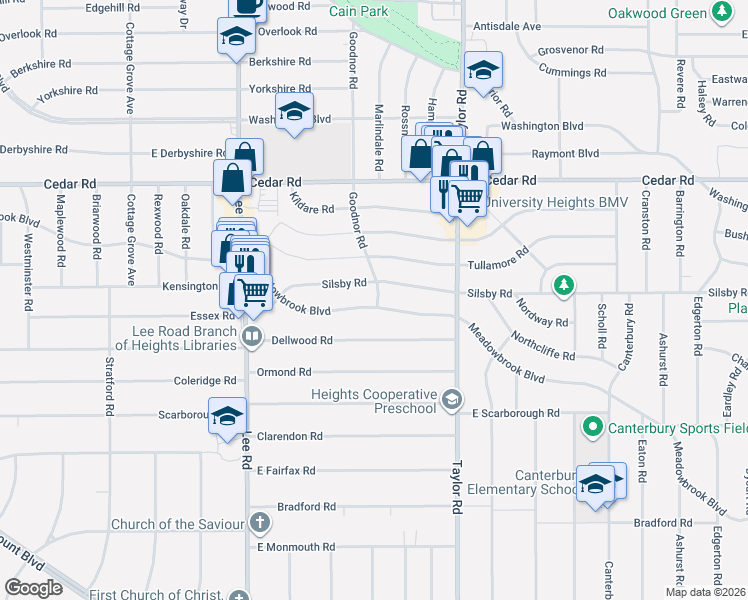 map of restaurants, bars, coffee shops, grocery stores, and more near 3355 Meadowbrook Boulevard in Cleveland Heights