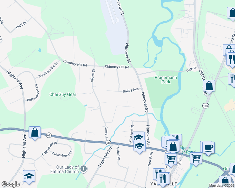 map of restaurants, bars, coffee shops, grocery stores, and more near 18 Bailey Avenue in Wallingford