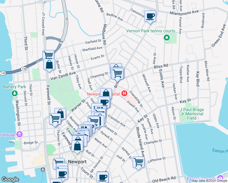 map of restaurants, bars, coffee shops, grocery stores, and more near Broadway & Newport Ave in Newport