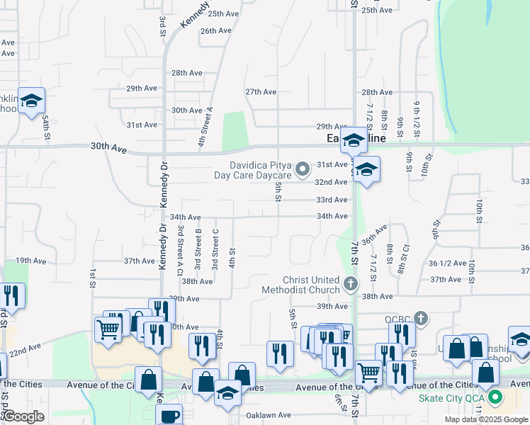 map of restaurants, bars, coffee shops, grocery stores, and more near 443 34th Avenue in East Moline