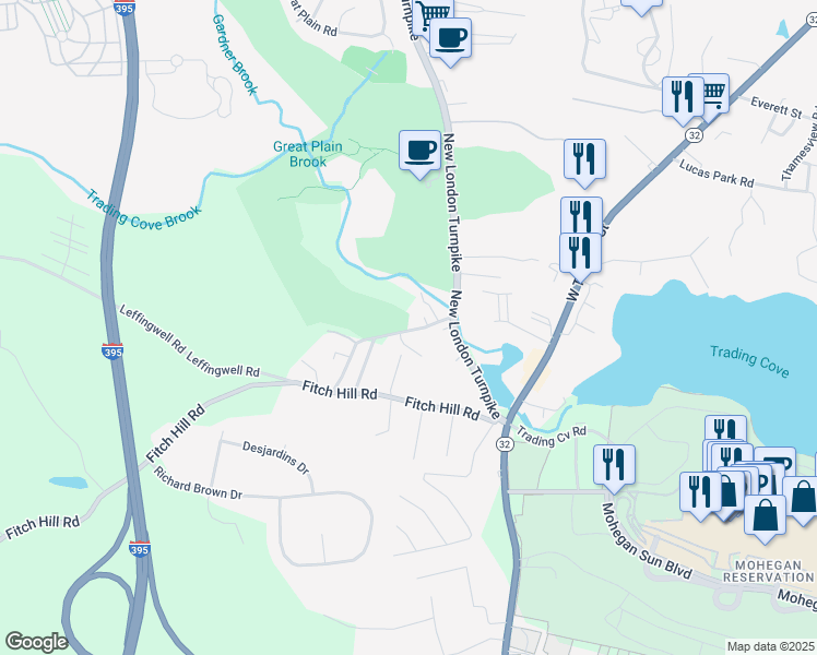 map of restaurants, bars, coffee shops, grocery stores, and more near 38 Old Fitch Hill Road in Montville