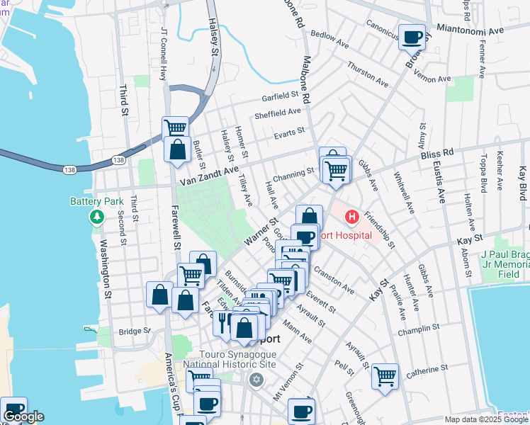 map of restaurants, bars, coffee shops, grocery stores, and more near 53 Gould Street in Newport