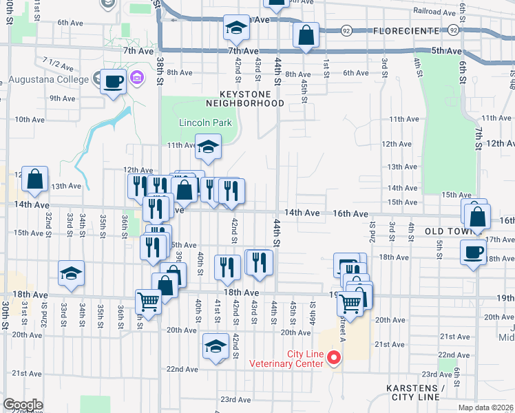 map of restaurants, bars, coffee shops, grocery stores, and more near 4301 14th Avenue in Rock Island
