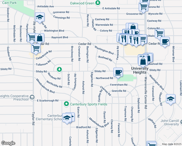map of restaurants, bars, coffee shops, grocery stores, and more near 3734 Silsby Road in University Heights