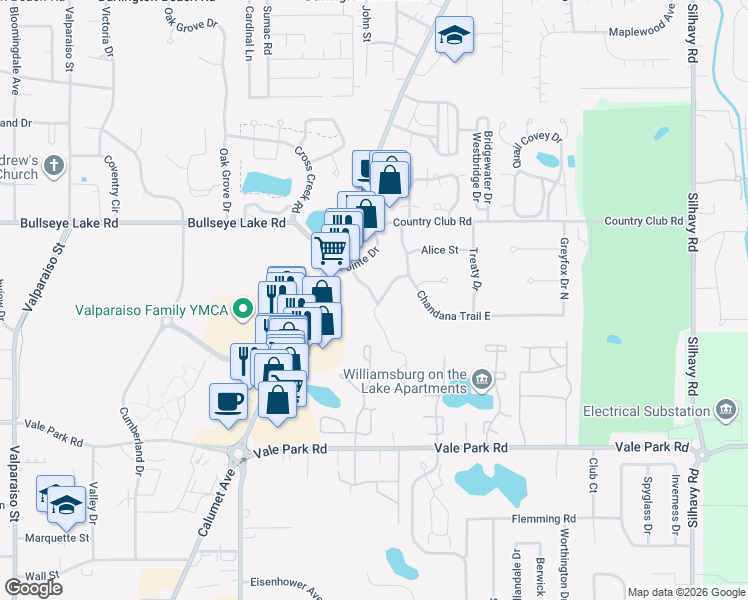 map of restaurants, bars, coffee shops, grocery stores, and more near 1605 Potawatomi Lane in Valparaiso