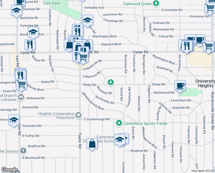map of restaurants, bars, coffee shops, grocery stores, and more near 3548 Silsby Road in Cleveland Heights
