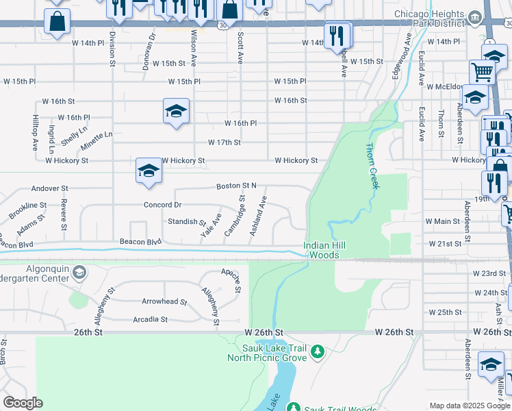 map of restaurants, bars, coffee shops, grocery stores, and more near 1935 Ashland Avenue in Chicago Heights