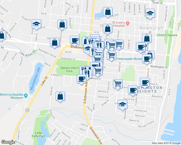 map of restaurants, bars, coffee shops, grocery stores, and more near 101 Hasbrouck Street in Newburgh