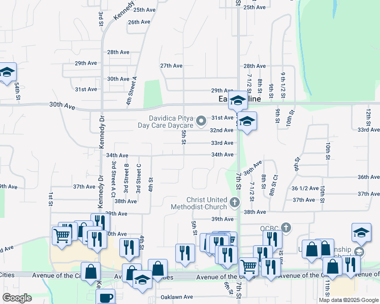 map of restaurants, bars, coffee shops, grocery stores, and more near 509 34th Avenue in East Moline