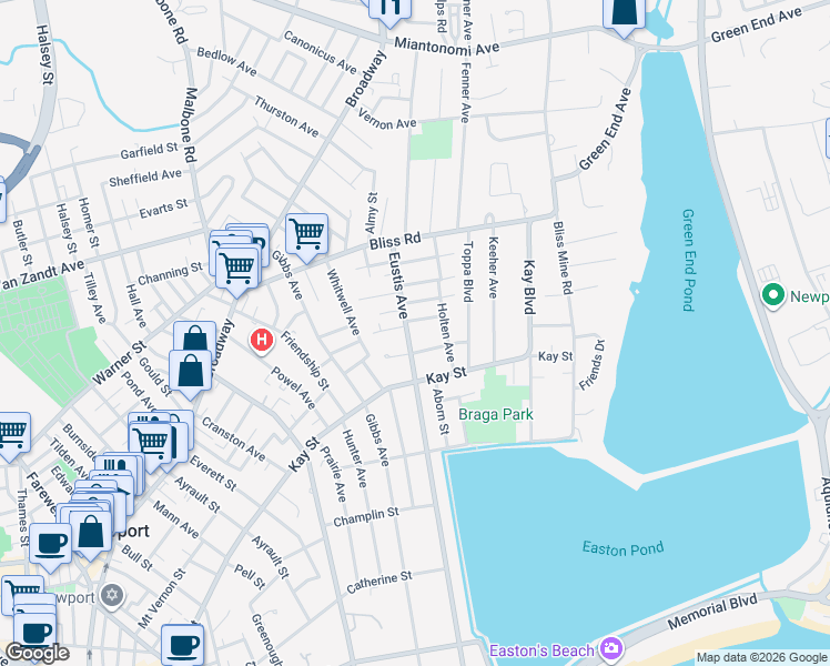 map of restaurants, bars, coffee shops, grocery stores, and more near 6 Taber Street in Newport