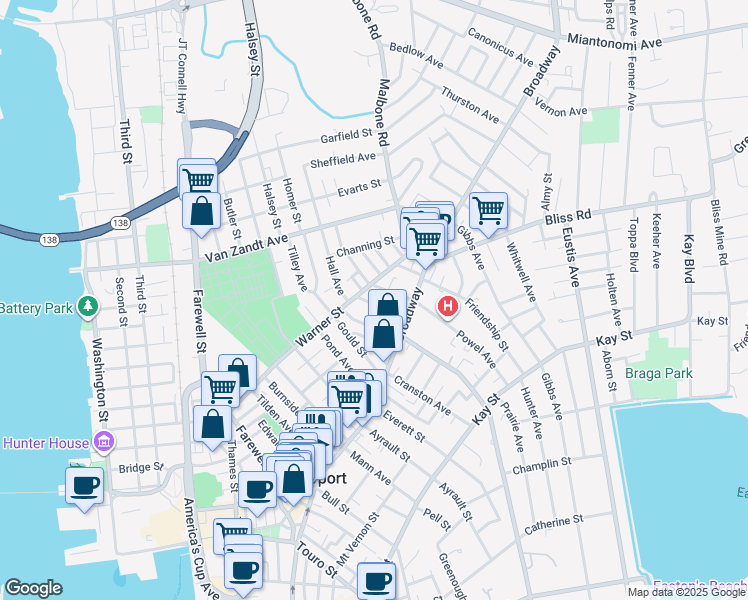 map of restaurants, bars, coffee shops, grocery stores, and more near 22 Bayview Avenue in Newport