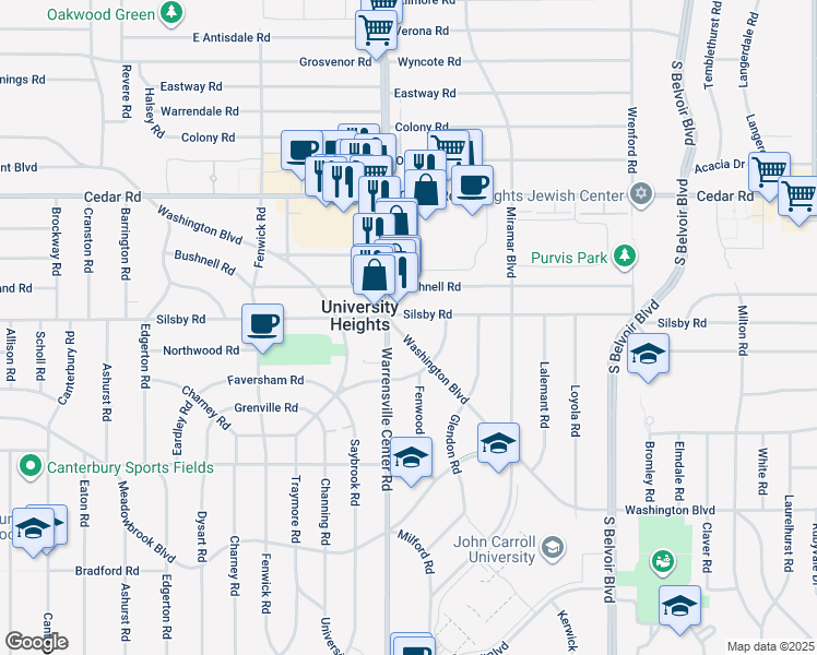 map of restaurants, bars, coffee shops, grocery stores, and more near 4009 Washington Boulevard in University Heights