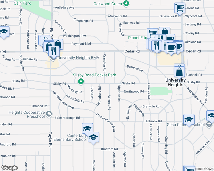 map of restaurants, bars, coffee shops, grocery stores, and more near 3690 Silsby Road in University Heights
