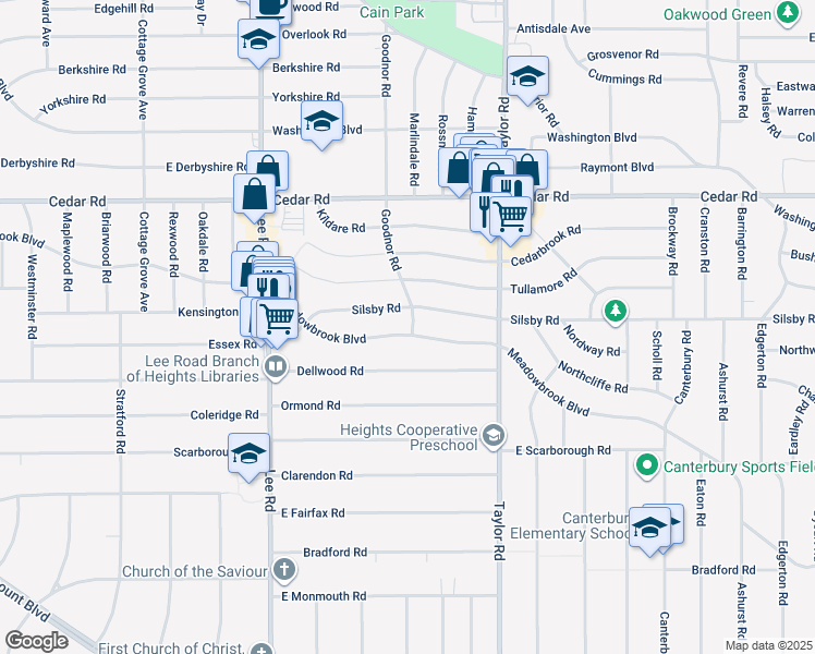 map of restaurants, bars, coffee shops, grocery stores, and more near 3355 Meadowbrook Boulevard in Cleveland Heights