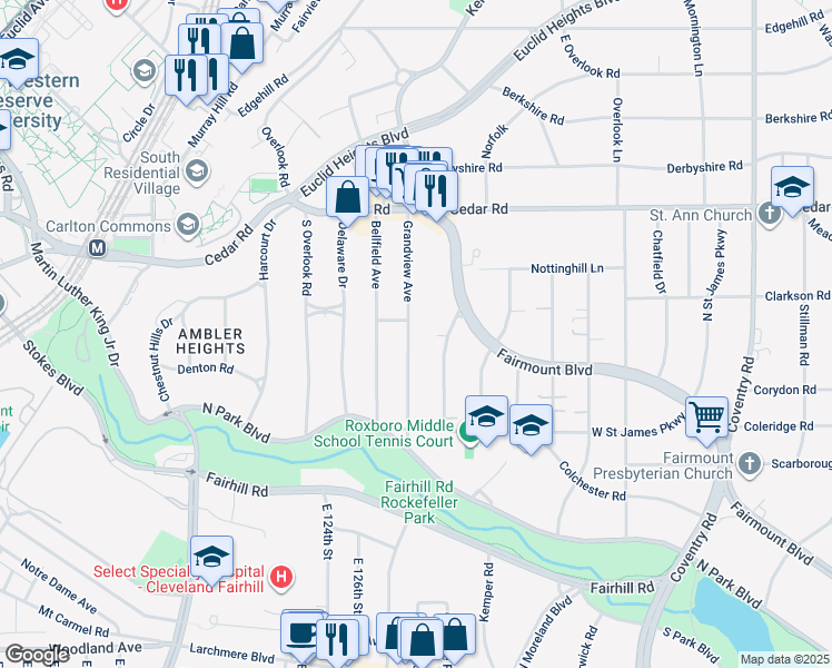 map of restaurants, bars, coffee shops, grocery stores, and more near 2286 Ardleigh Drive in Cleveland Heights