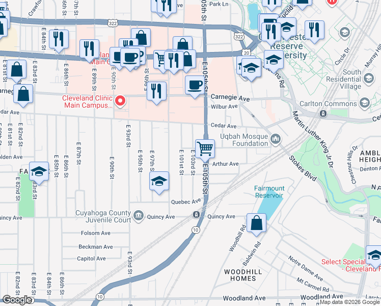 map of restaurants, bars, coffee shops, grocery stores, and more near 2222 East 103rd Street in Cleveland