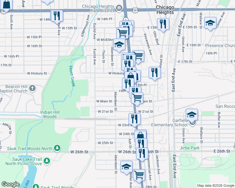 map of restaurants, bars, coffee shops, grocery stores, and more near 40 19th Street in Chicago Heights