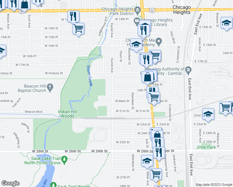 map of restaurants, bars, coffee shops, grocery stores, and more near 106 19th Street in Chicago Heights