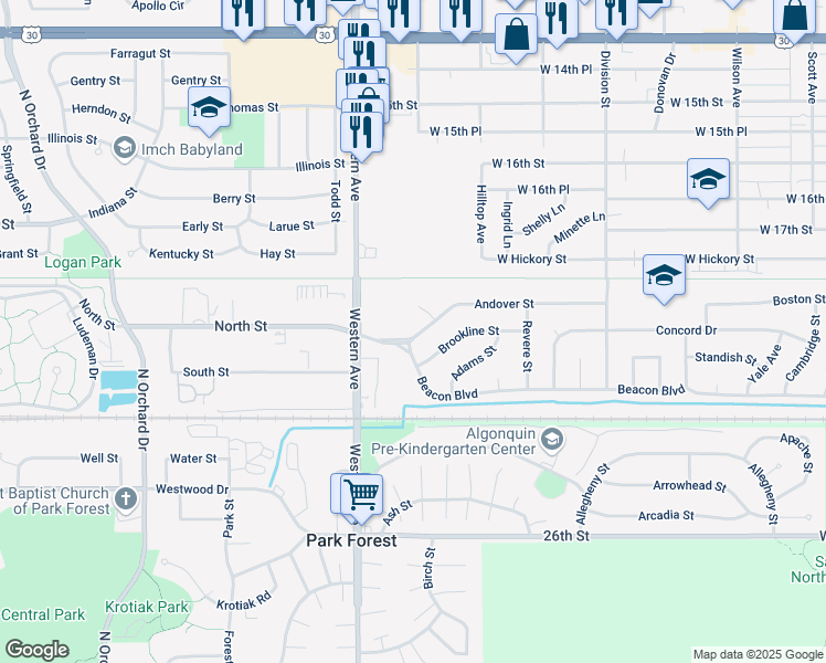 map of restaurants, bars, coffee shops, grocery stores, and more near 631 Andover Street in Chicago Heights