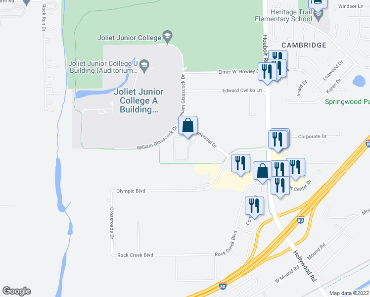 map of restaurants, bars, coffee shops, grocery stores, and more near 1540 Centennial Drive in Joliet