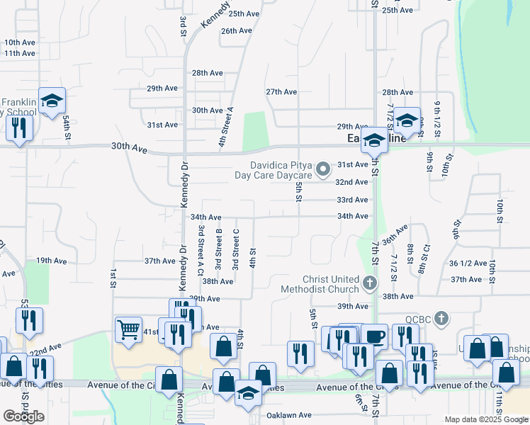 map of restaurants, bars, coffee shops, grocery stores, and more near 3346 4th Street in East Moline