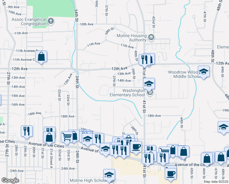 map of restaurants, bars, coffee shops, grocery stores, and more near 1507 37th Street in Moline
