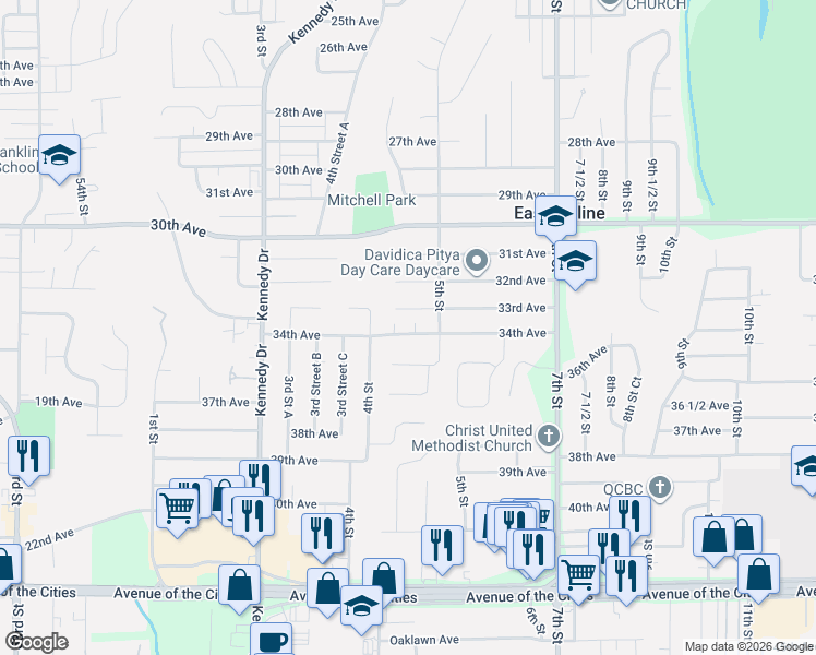 map of restaurants, bars, coffee shops, grocery stores, and more near 439 34th Avenue in East Moline