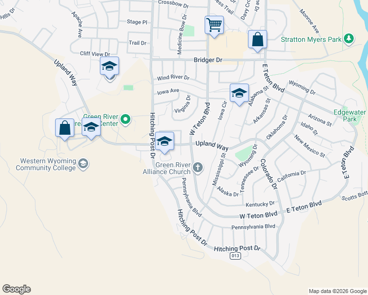 map of restaurants, bars, coffee shops, grocery stores, and more near 2100 Grant Circle in Green River