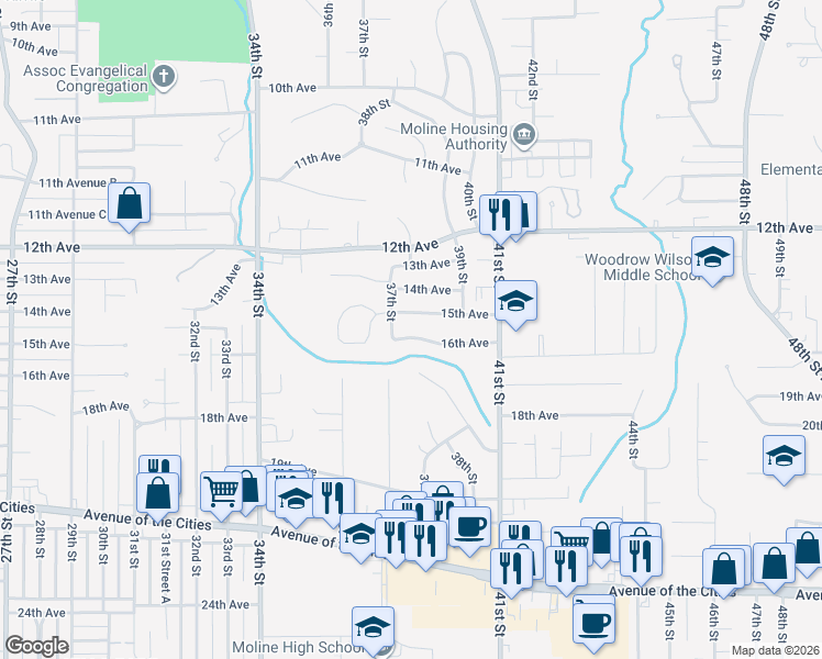 map of restaurants, bars, coffee shops, grocery stores, and more near 3713 16th Avenue in Moline
