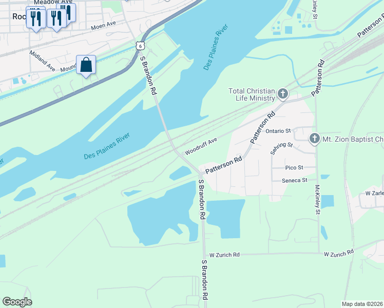 map of restaurants, bars, coffee shops, grocery stores, and more near 754 Woodruff Avenue in Joliet