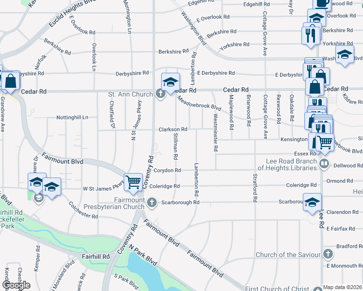 map of restaurants, bars, coffee shops, grocery stores, and more near 2277 Stillman Road in Cleveland Heights