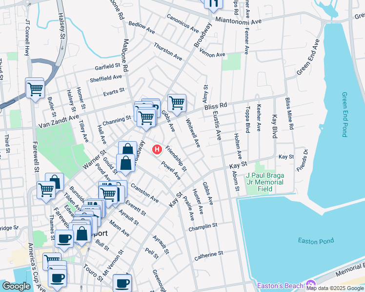 map of restaurants, bars, coffee shops, grocery stores, and more near 82 Gibbs Avenue in Newport