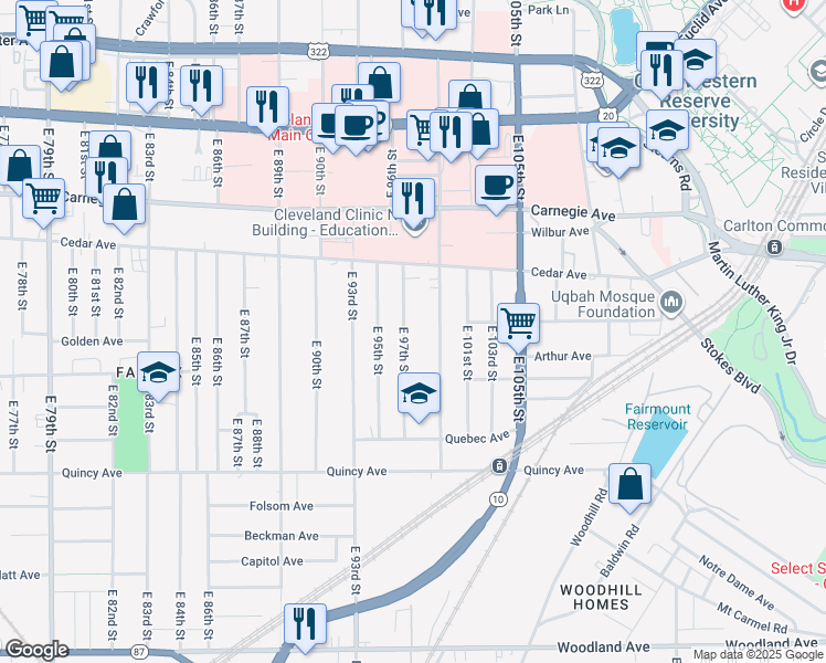 map of restaurants, bars, coffee shops, grocery stores, and more near 2229 East 97th Street in Cleveland