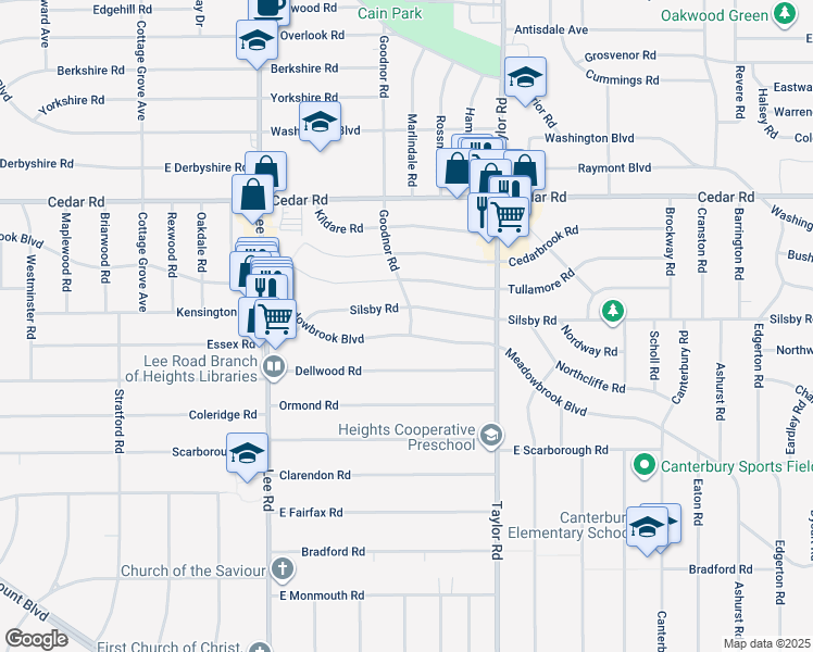 map of restaurants, bars, coffee shops, grocery stores, and more near 3355 Meadowbrook Boulevard in Cleveland Heights