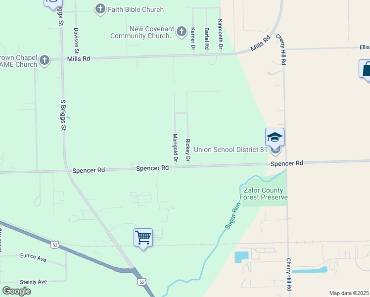 map of restaurants, bars, coffee shops, grocery stores, and more near 1605 Rickey Drive in Joliet
