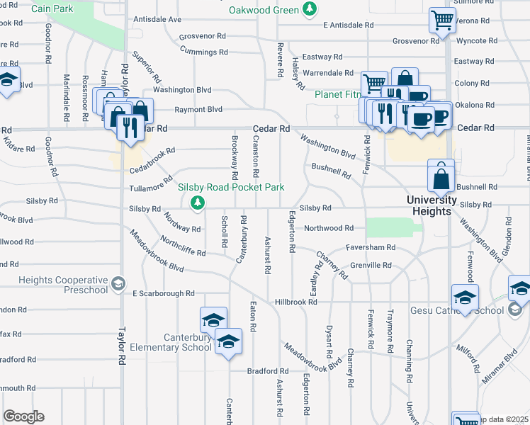 map of restaurants, bars, coffee shops, grocery stores, and more near 3690 Silsby Road in University Heights